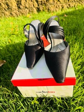 Sacha Too Black Satin Strappy Pointed Toe Heels Size 8 Y2K Evening Shoes
